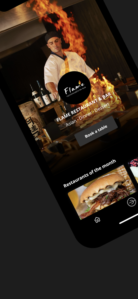 Dineout Iceland app interface for booking a table at Flame Restaurant and Bar
