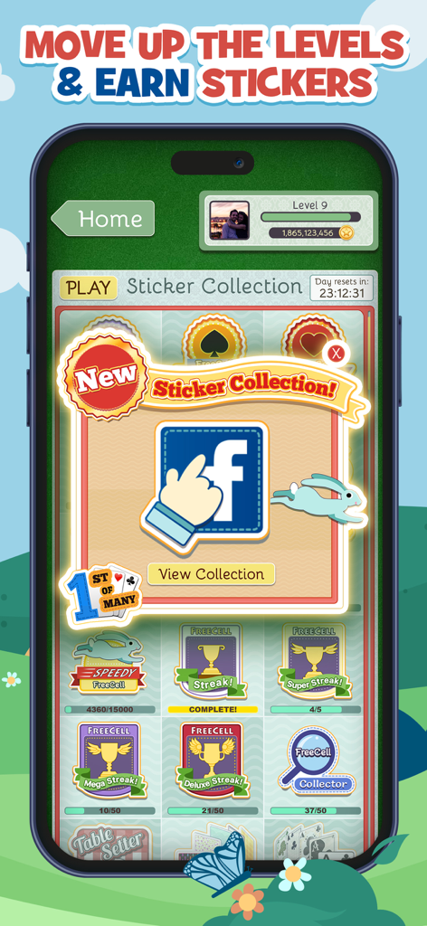 Pantalla de colección de pegatinas de FreeCell Deluxe Social que muestra insignias de logros y el progreso del nivel del jugador.