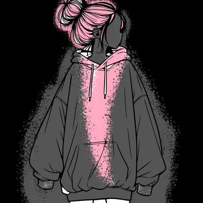 realistic girl with a oversized sweatshirt on and a bun