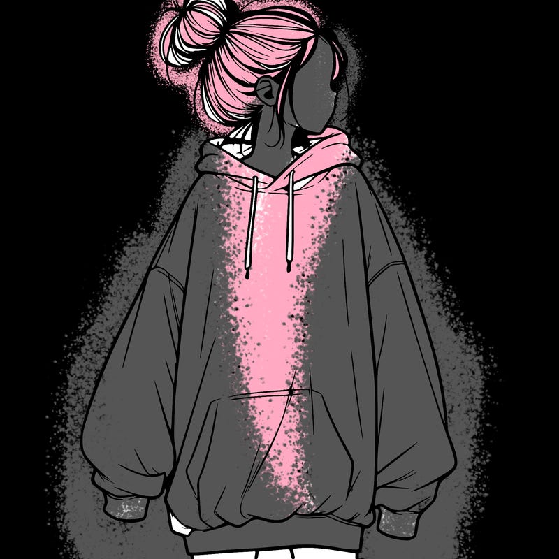 realistic girl with a oversized sweatshirt on and a bun
