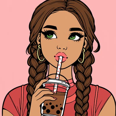 realistic girl with braided hair drinking boba