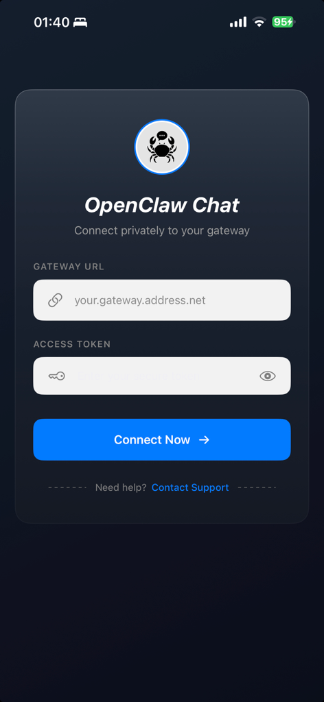Claw AI Chat - OpenClaw Chat connection interface for entering gateway URL and access token