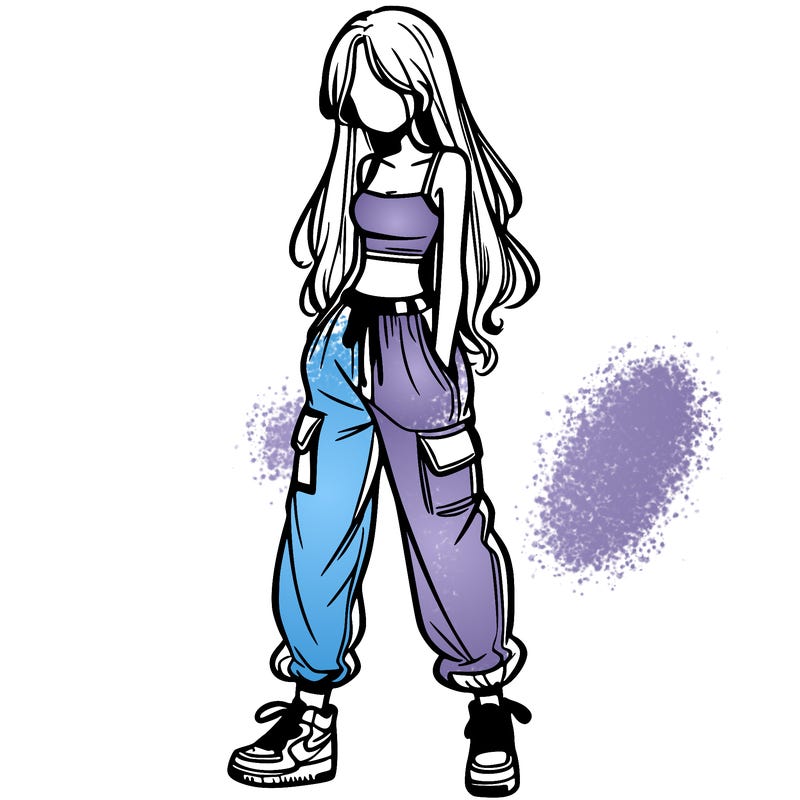 girl in baggy pants crop top and long hair