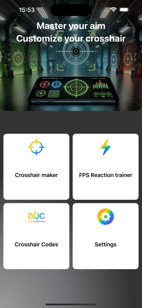 FPS Reaction Trainer & Helper - Main menu of the FPS Reaction Trainer and Helper app featuring crosshair maker and reaction trainer tools