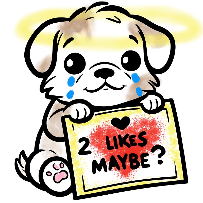 a puppy holding a sign that says 2 likes maybe?