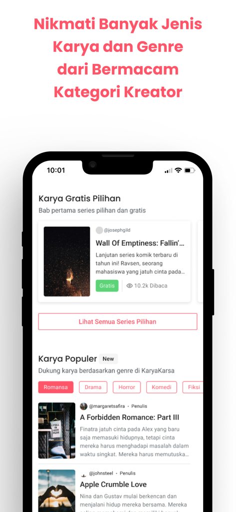 KaryaKarsa - Interfaccia dell'app mobile KaryaKarsa che mostra storie popolari e categorie di creatori come romance e horror.