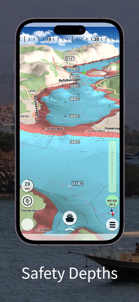 mKart Marine Navigation - mKart marine navigation app interface showing 3D seabed relief and safety depth zones