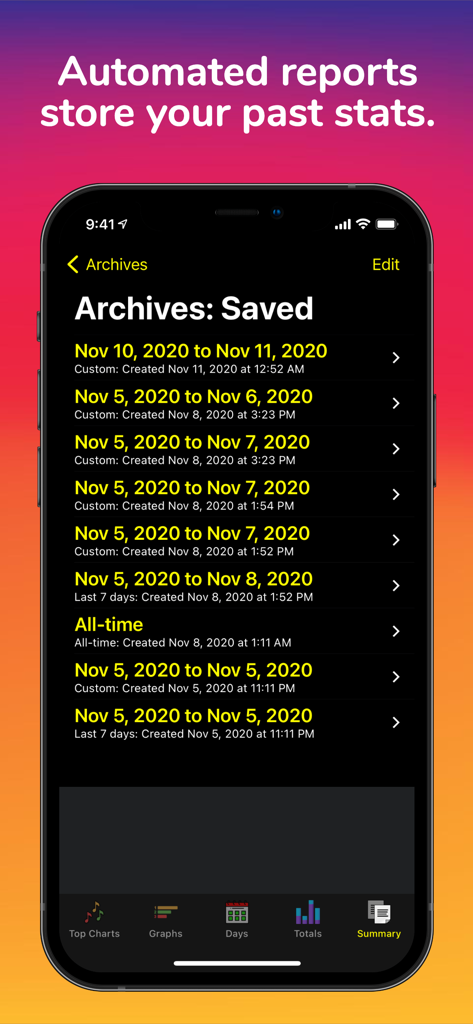 Song Stats for Apple Music - The archives screen of the Song Stats app showing a list of saved automated music listening reports with specific date ranges.