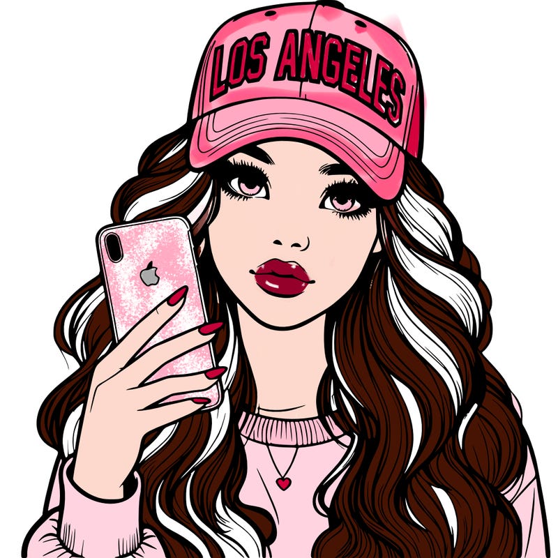 realistic beautiful girl wearing los ángeles cap holding an iphone