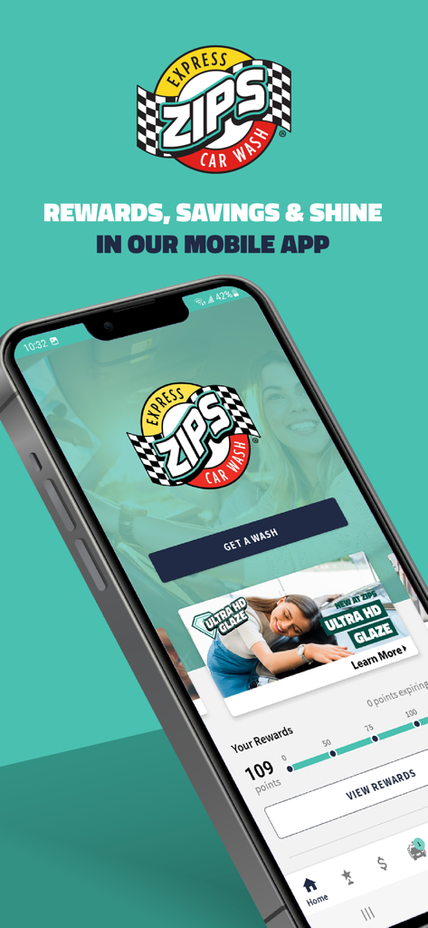 Smartphone screen showing the Zips Car Wash app rewards and wash services