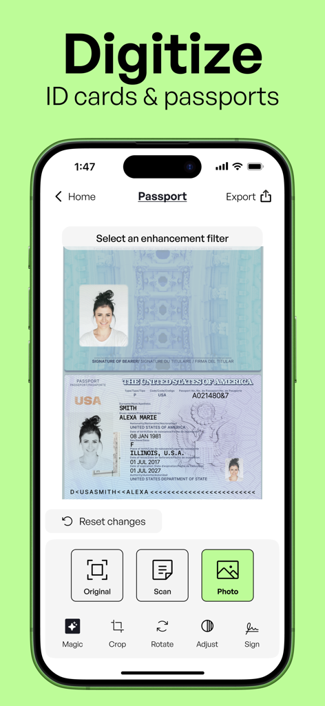 Scannerkit: PDF & Scanner App - ScannerKit app screen demonstrating how to digitize and enhance a passport or ID card