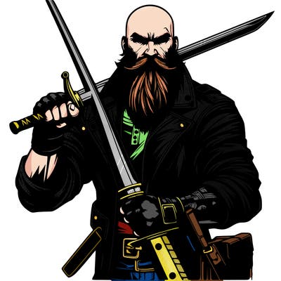 realistic bald guy with a big beard holding a sword in a punk outfit