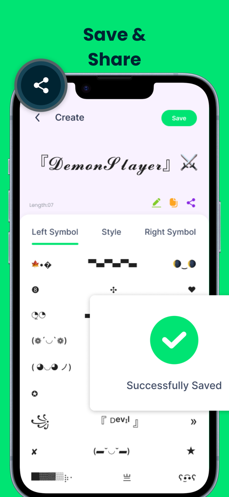 Oberfläche der Spitznamen-Generator für Gamer-App, die einen gespeicherten stylischen Spitznamen mit Symbolen und benutzerdefinierten Schriftarten anzeigt.