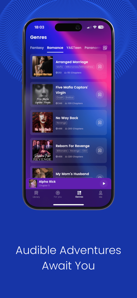 DreamCast: Audiobook & stories - Interfaz de la aplicación DreamCast que muestra una lista de audiolibros y cuentos románticos