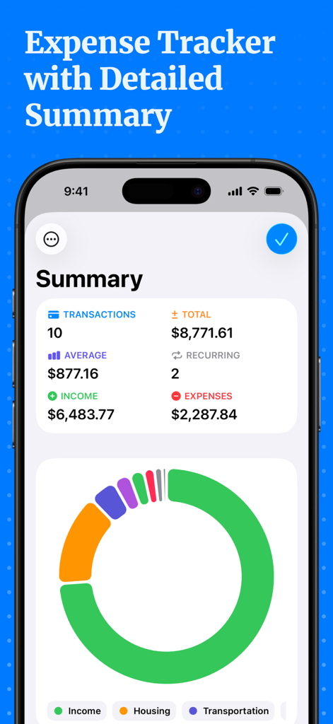 Expenses Tracker - Accountit - Detailed financial summary dashboard in the Accountit app featuring income and expense statistics and a category chart