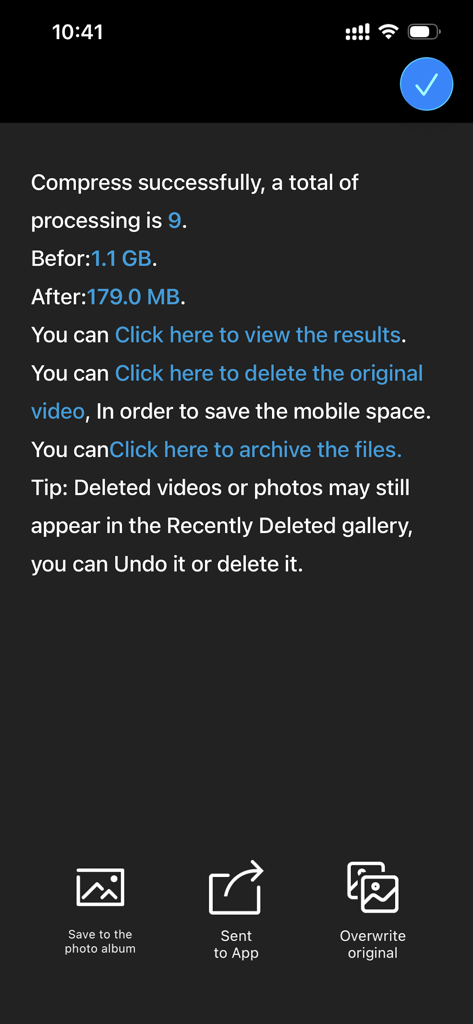 SlimSpace app screen showing successful video compression and storage saved from one point one gigabytes to one hundred seventy nine megabytes