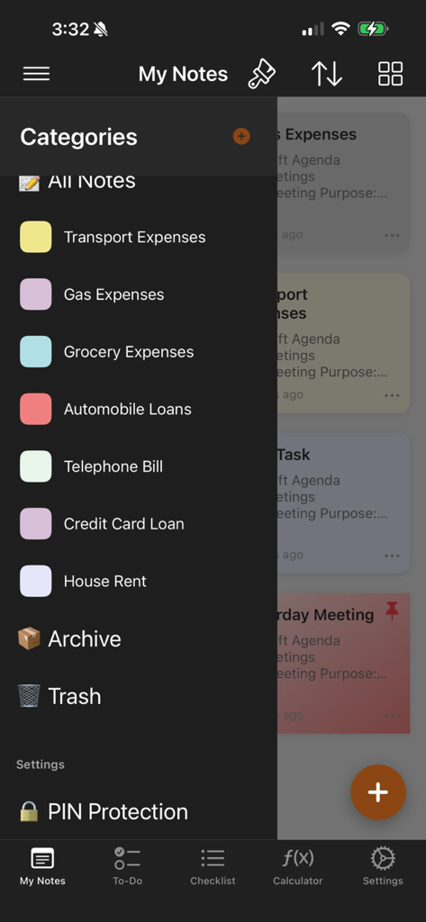 Note Book App - Menú lateral de la App Bloc de Notas que muestra categorías codificadas por colores para el seguimiento de gastos y la configuración de protección PIN