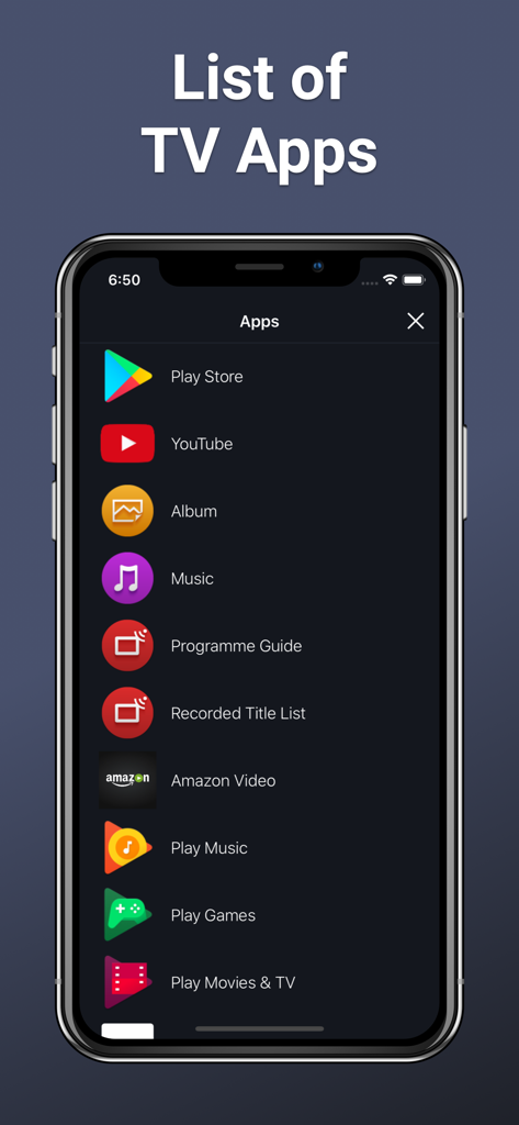 Remote Control for Sony TVs - Sony TVで起動可能なアプリのリストを表示するスマートフォン画面