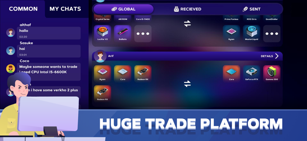 Una pantalla del juego de PC Creator 2 que muestra la interfaz de la gran plataforma de intercambio con piezas de computadora y una ventana de chat