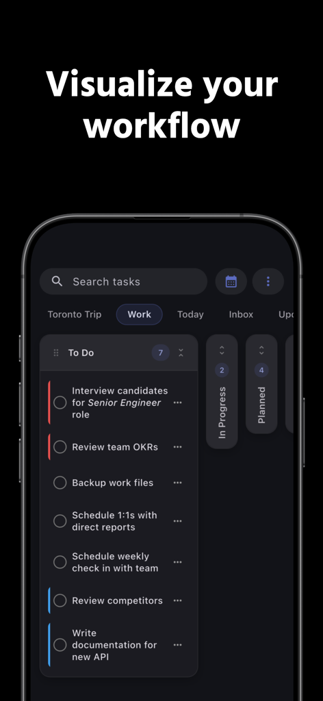 TaskForge - Obsidian Tasks - TaskForge mobile app interface showing a workflow view with professional tasks like interviewing candidates and reviewing OKRs