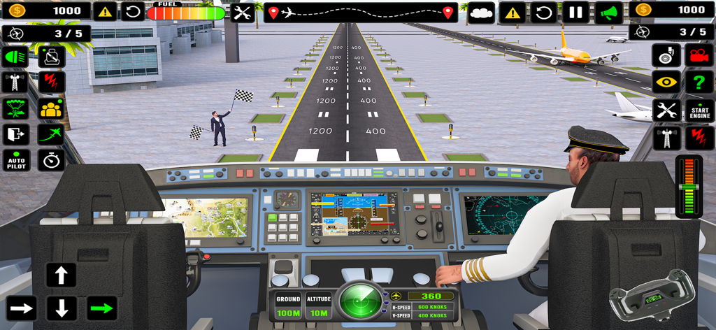 Flight Simulator: Pilot Game - A detailed 3D cockpit view of an airplane ready for takeoff on a runway with a pilot and control dashboard