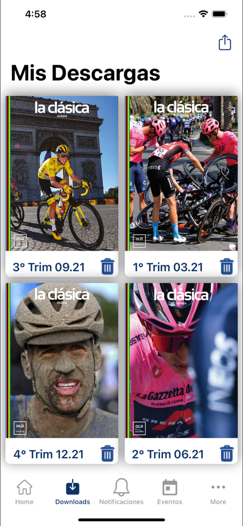 Revista la clásica - Interface of the Revista la clásica app showing a library of downloaded cycling magazines.