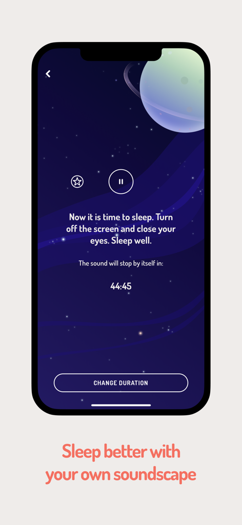 Safe Place - A mobile phone screen displaying the Safe Place app's sleep feature with a starry night background, a planet, and a countdown timer for calming sounds.