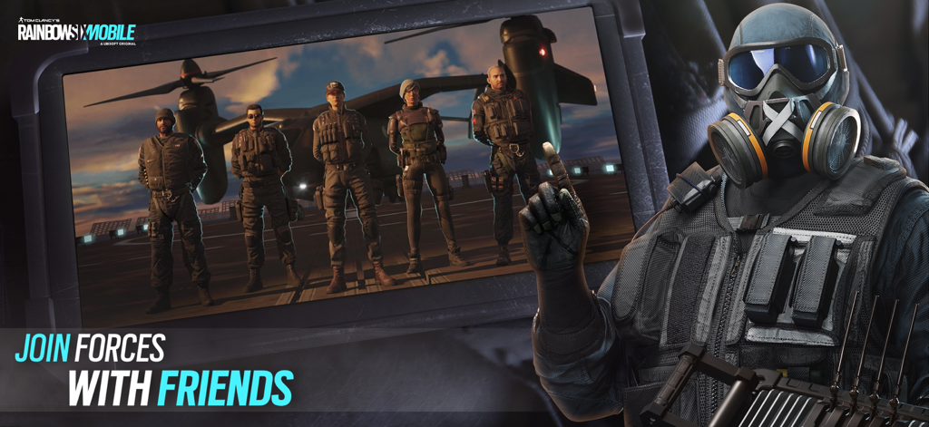 Rainbow Six Mobile - Un grupo de cinco operadores con equipo táctico de pie frente a un helicóptero con un personaje con máscara de gas en primer plano