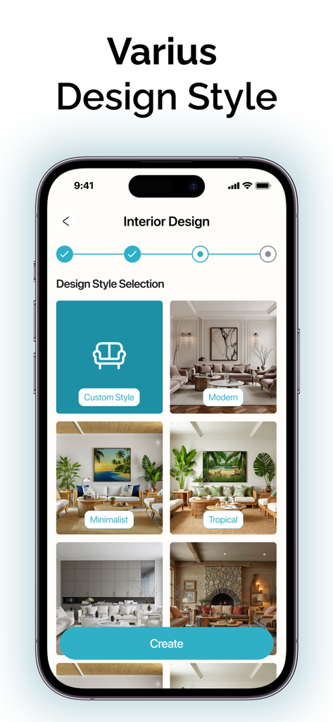 Interface de l'application Ruma montrant différentes options de style de design d'intérieur comme le minimaliste moderne et le tropical