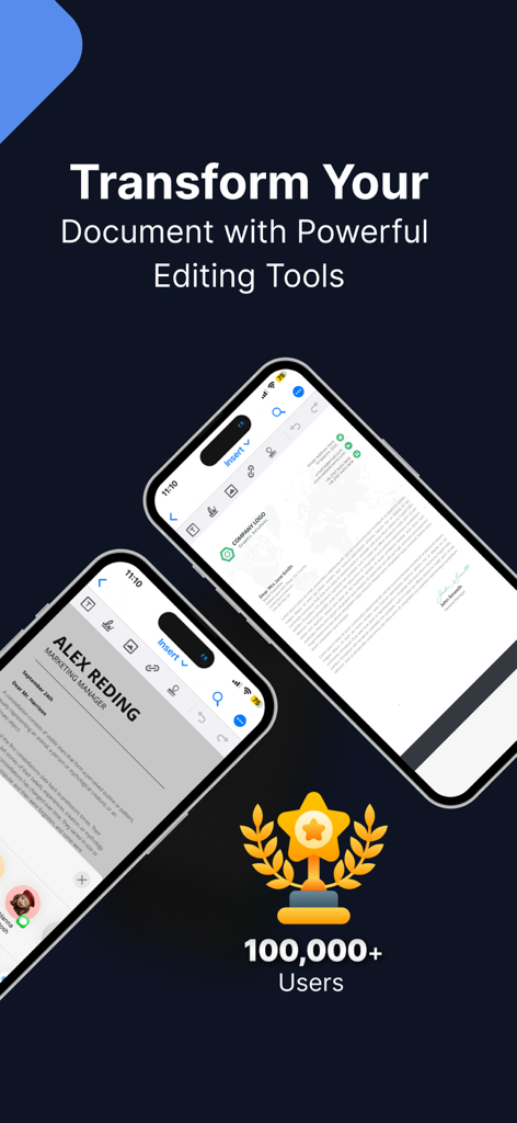 Office Word Editor-Docs, Share - Interfaccia dell'app Editor di Testo per Office su iPhone che mostra le funzionalità di modifica dei documenti e un traguardo di 100.000 utenti