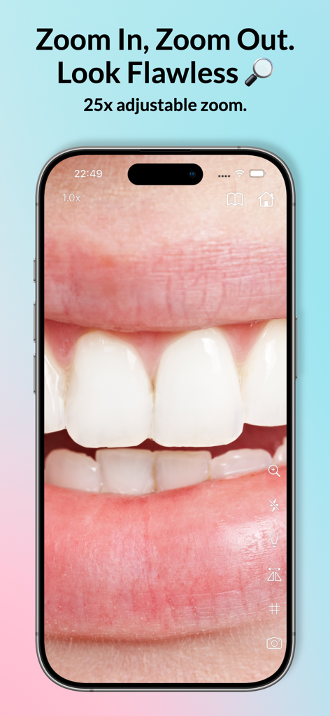Pocket Mirror: HD Light & Zoom - Ein iPhone-Bildschirm zeigt einen 25-fachen Nahzoom von Zähnen und Lippen für präzise Pflege mit der Pocket Mirror App.