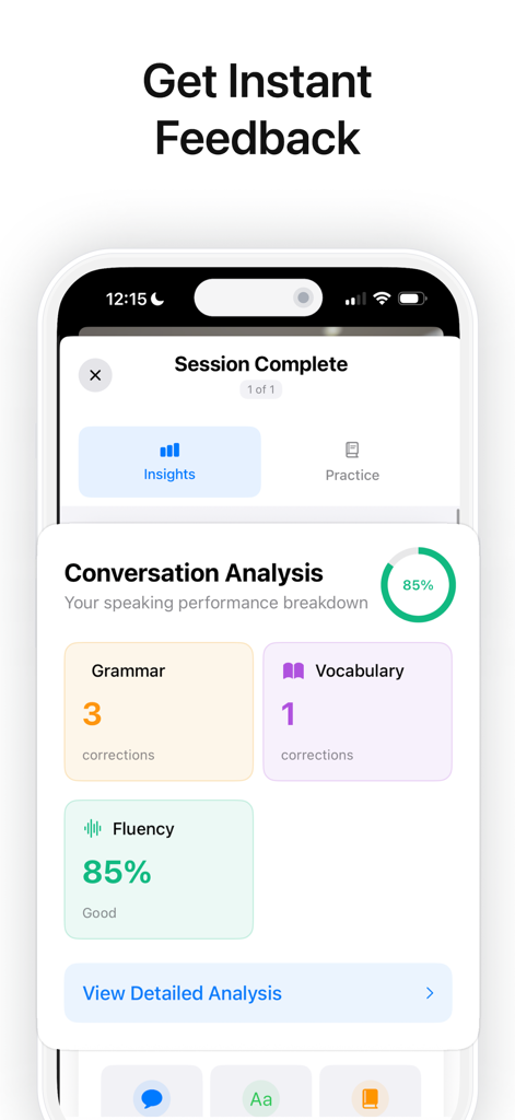 Fluent AI: Learn English - Conversation analysis screen in Fluent AI app showing grammar vocabulary and fluency metrics