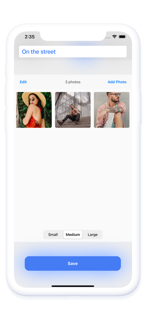 Photo Widget․ - Interface of the Photo Widget app showing a curated photo collection titled On the street with size customization options