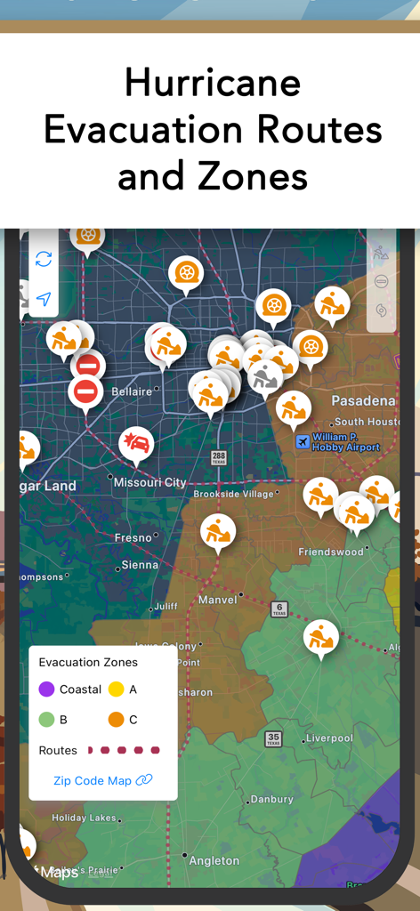 Hurricane evacuation routes and zones map on the Houston TranStar mobile app