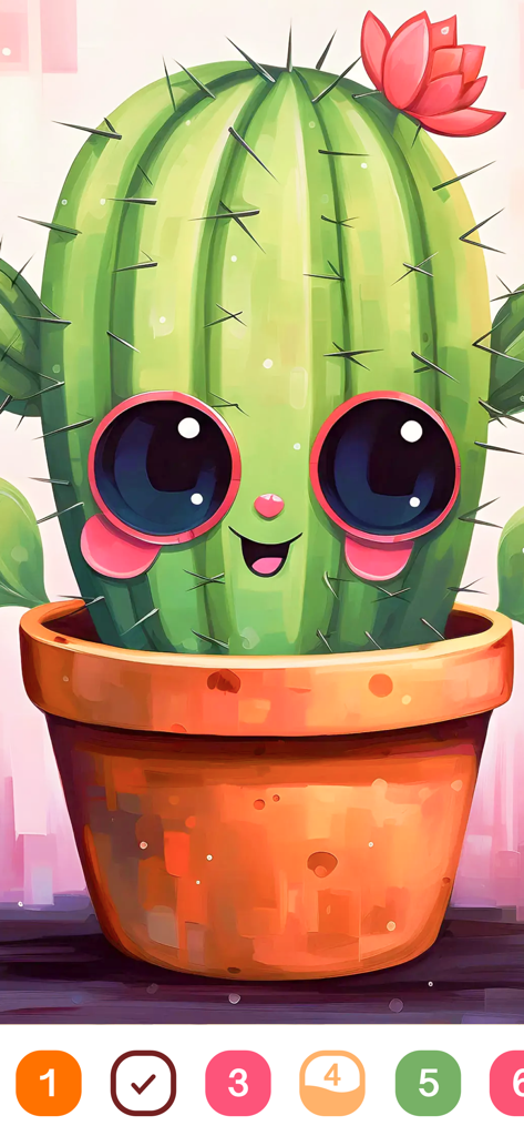 Cute Color - Color by Number - A cute cartoon cactus with large eyes and a pink flower in a terracotta pot from the Cute Color app