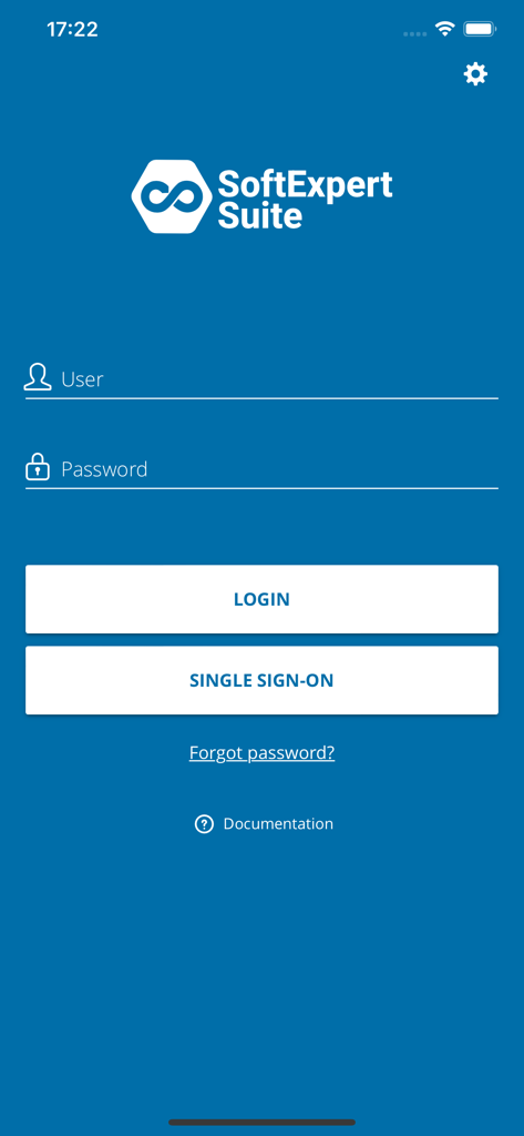 SoftExpert Suite - SoftExpert Suite mobile app login screen with username and password fields and a single sign-on button.