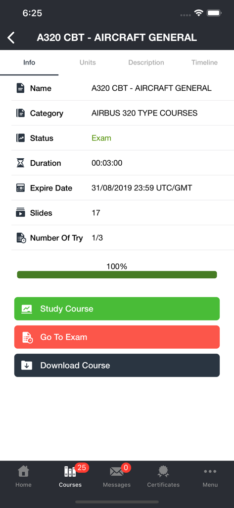 Flyco - Flyco mobile app showing Airbus A320 aircraft general course details and exam status