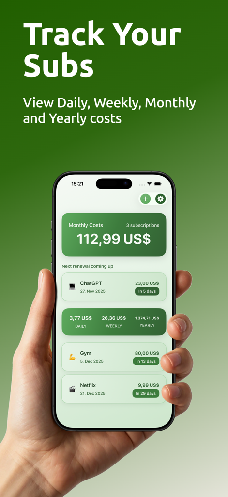 Track My Subs - Track My Subs app interface showing monthly subscription spending and renewal dates on an iPhone