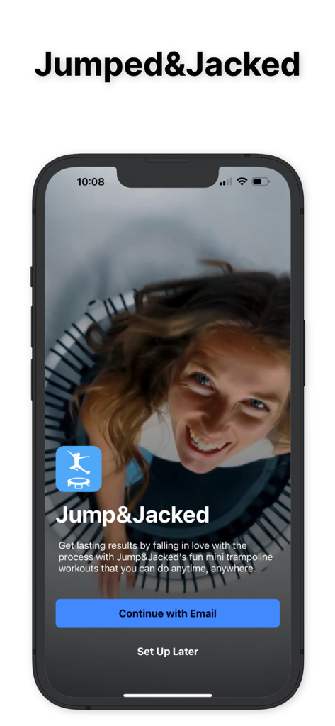 Jump&Jacked - Welcome screen of the Jump and Jacked fitness app featuring a woman smiling on a mini trampoline.