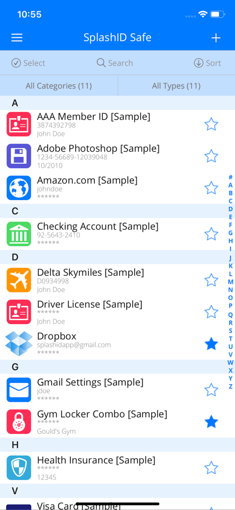 Interface do aplicativo móvel SplashID Safe exibindo uma lista de senhas armazenadas e registros digitais confidenciais