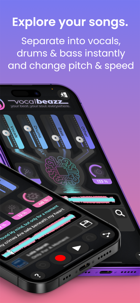 vocalBeazz: Make Beats with AI - vocalBeazz app showing AI stem separation into vocals drums and bass