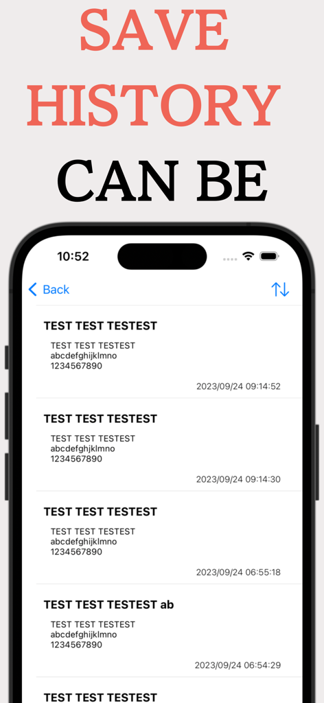 Photo Text Recognition - OCR - Interfaz que muestra una lista de entradas guardadas del historial de reconocimiento de texto OCR con marcas de tiempo