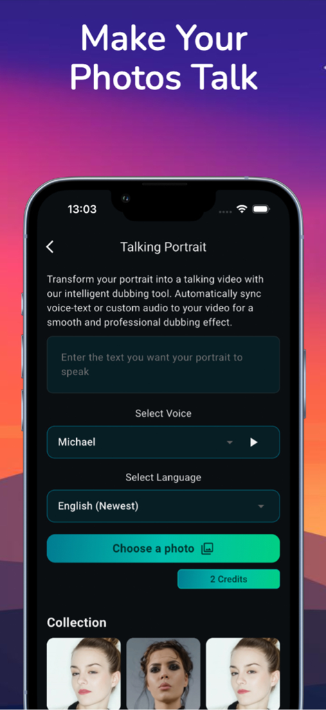 AI Face Swap Video Photo Maker - Interface of the Talking Portrait feature in the AI Face Swap app allowing users to make photos talk using text to speech and custom voices