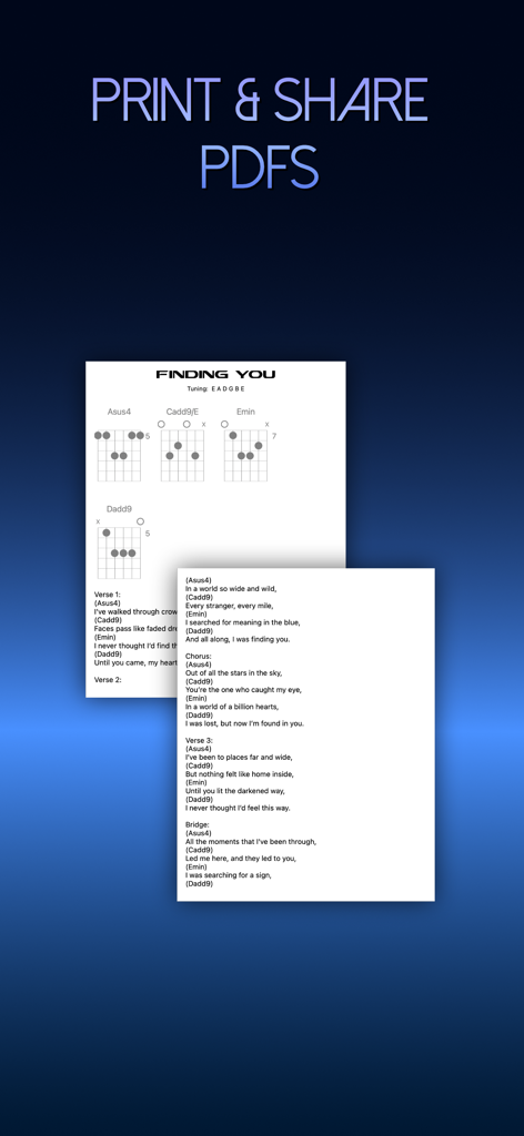 Guitar Notebook - La aplicación Cuaderno de Guitarra mostrando cómo imprimir y compartir partituras y letras de canciones como archivos PDF