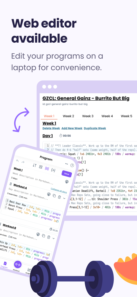 Liftosaur: Scriptable Workouts - Liftosaur web editor interface for managing weightlifting programs on a laptop with mobile synchronization