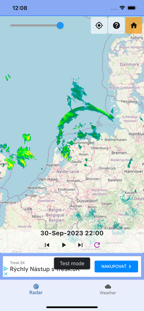 Weather radar Europe - A mobile app screenshot showing an interactive weather radar map of Northern Europe with precipitation data and playback controls.