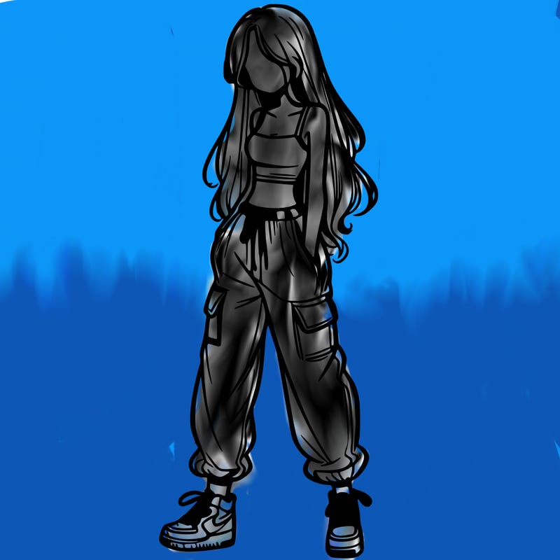 girl in baggy pants crop top and long hair