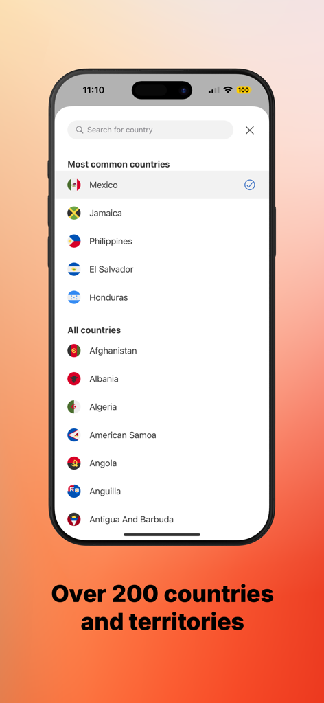 MoneyGram app interface showing a list of over 200 countries and territories for money transfers
