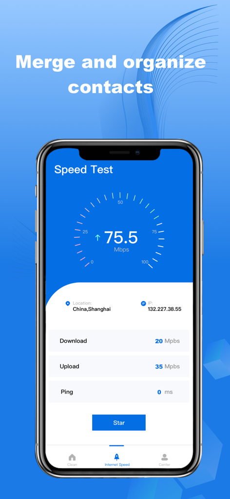 Smartphone interface showing an internet speed test feature in the AI Cleaner app.