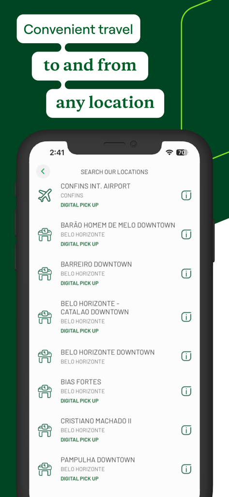 Écran de l'application Localiza montrant les lieux de location de voitures au Brésil avec options de ramassage numérique